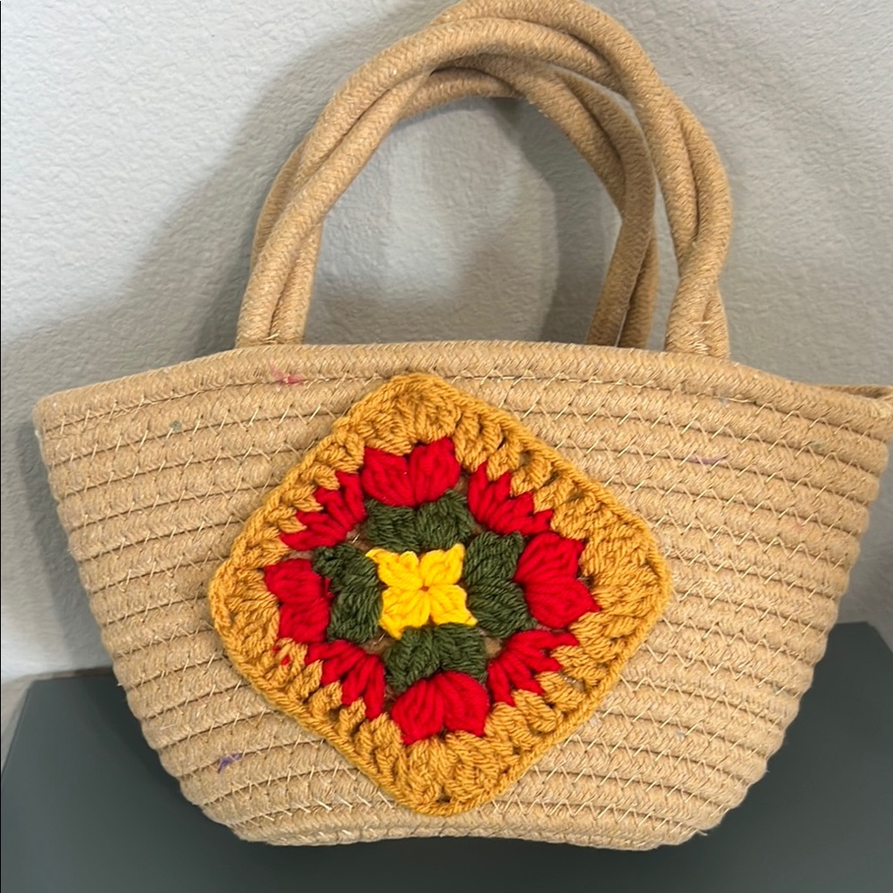 Handcrafted Beige Tote Bag with Colorful Crochet Design